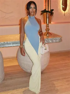 Nibber فستان ماكسي ذو طيات بدون ظهر للنساء أسود وأبيض مرقع بمؤخرة خوخي وفتحة رسن للصيف ملابس نوادي مزاجية