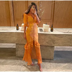 Abiti lunghi da donna con volant elegante scollo a V mezza manica bottone in vita abito pieghettato 2026 abiti da festa di moda primavera Lady