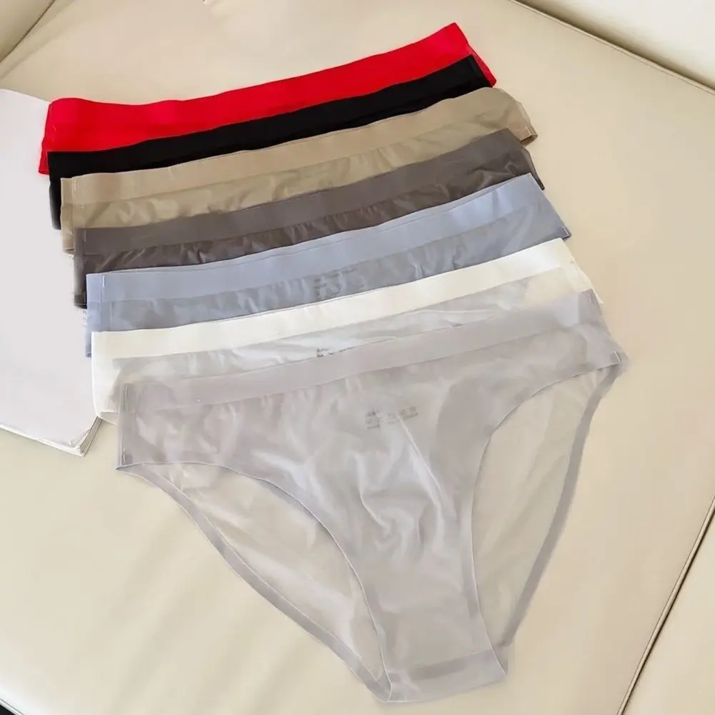 1pc ultra-fino masculino transparente sem costura cuecas de seda gelo 3d bulge bolsa cintura média roupa interior respirável lingerie masculina