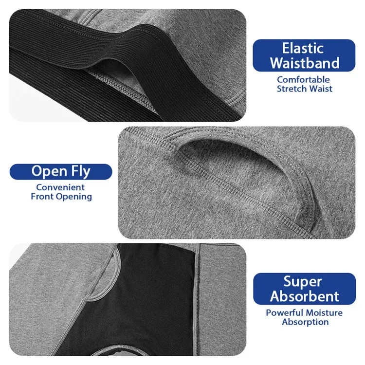 Mens Absorbent Incontinence Underwear Washable Open Fly Leakage Protective Briefs Adult Leak Proof Boxer 3 Pack
