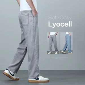 High Quality Spring Summer Lyocell Men's Jeans Loose Straight Wide Leg Casual With Slant Pockets Trousers Male Plus Size 40