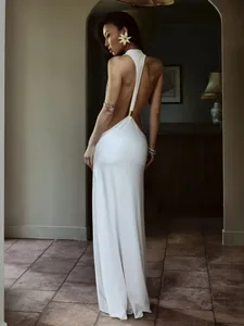 Sólido halter sem costas lado recorte maxi vestido feminino estiramento jérsei até o chão magro bodycon vestidos noite clube férias robe